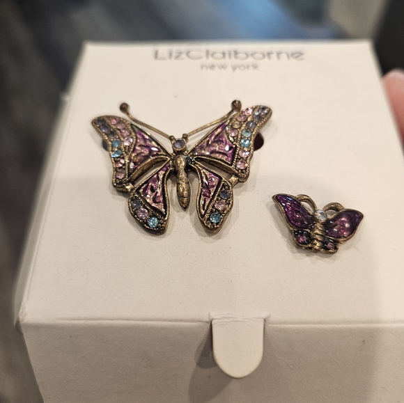 Liz Claiborne Purple Butterfly Brooches Enamel Pink Blue Rhinestones Set of 2 - Picture 3 of 5